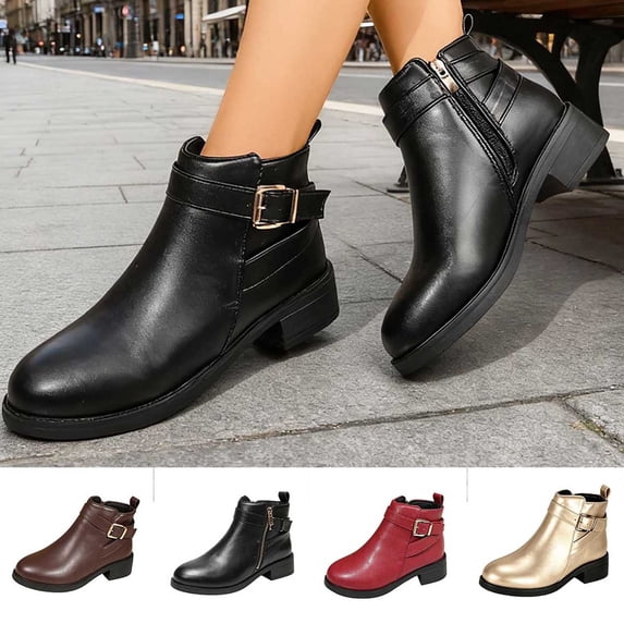 Puntoco Women's Ankle Boots,Round Toe Low Heel Comfort Elastic Leather Booties with Side Zipper Buckle Strap Wine
