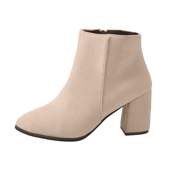 Puntoco Women's Block Chunky Heel Boots Pointed Toe Slip-on Ankle Boot with Zipper Shoes Beige 7