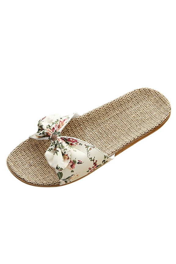 Women's Bowknot Dressy Casual Open Toe Flat Sandals Summer Slides Slippers Beige 8.5-9(39-40)