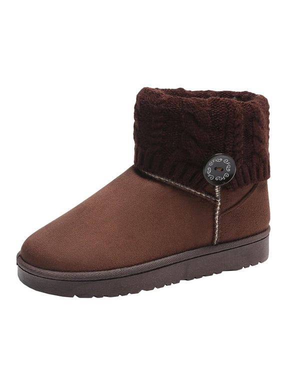 Women’s Cable Knit Cuff Lined Snow Booties, Suede Round Toe Button Decor Slip‑On Winter Ankle Boots, Comfort Thick Platform Cold‑Weather Boots Coffee