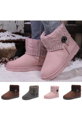 Women’s Cable Knit Cuff Lined Snow Booties, Suede Round Toe Button Decor Slip‑On Winter Ankle Boots, Comfort Thick Platform Cold‑Weather Boots Pink
