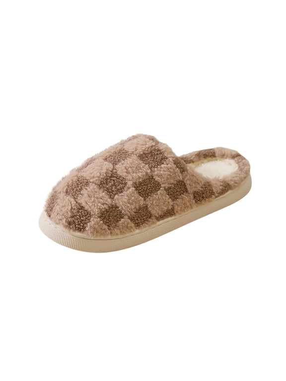 Women's Checkerboard Fuzzy Closed Toe Slippers, Thick Platform Non Slip Indoor Outdoor Warm Winter Slides Shoes