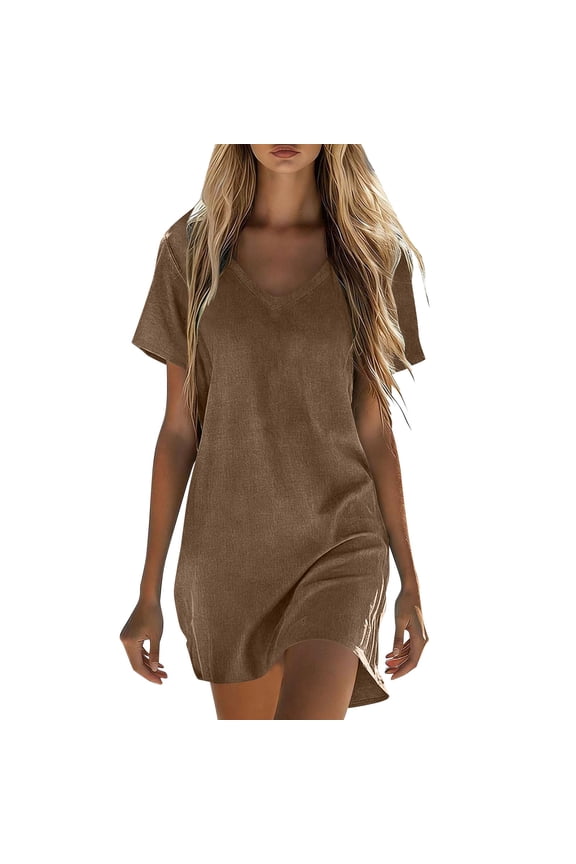 Women's Cotton Linen Midi Dress V Neck Short Sleeve Causal Loose Tshirt Dresses Summer Coffee-C XXXL(XXXL)