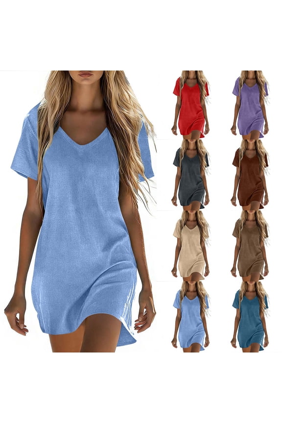 Women's Cotton Linen Midi Dress V Neck Short Sleeve Causal Loose Tshirt Dresses Summer Sky Blue-C XL(XL)