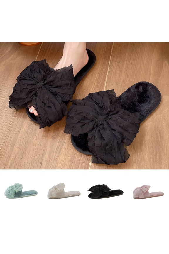 Women's Crinkled Fabric Big Bow Fuzzy Open Toe Slippers, Memory Foam Non-Slip Indoor Shoes Slip On Gifts for Woman