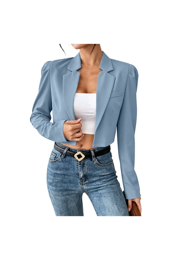 Women's Cropped Open Front Blazer, Puff Sleeve Notch Collar Casual Long Sleeve Cropped Jacket for Work office Sky Blue M
