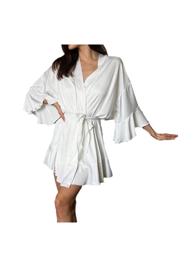 Women's Deep V Ruffle Satin Mini Robe, Silky Faux Silk Sleep Bathrobe with Tie Belt White M