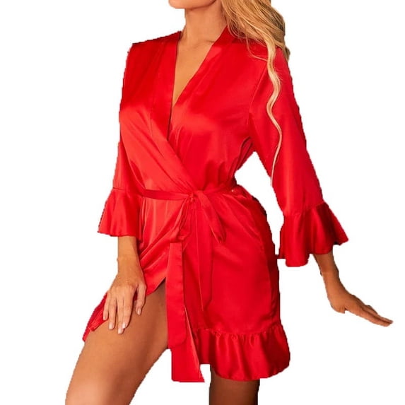 Puntoco Women's Deep V Ruffle Satin Mini Robe, Silky Faux Silk Sleep Bathrobe with Tie Belt Wine L