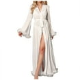 thumbnail image 1 of Puntoco Women's Deep V Sheer Mesh Ruffle Maxi Robe, Long Flared Sleeve See Through Sleep Bathrobe with Tie Belt White L, 1 of 3