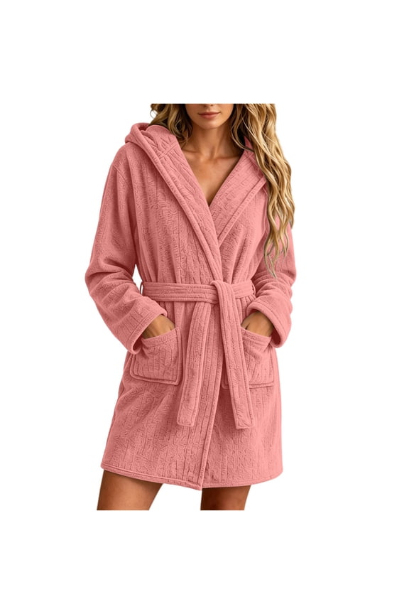 Women's Double Sided Hooded Short Bathrobe, Vertical Striped Wrap Robe Self Tie Belt Warm Plush Mini Loungewear Sleep Robe with Side Pockets Watermelon Red XL