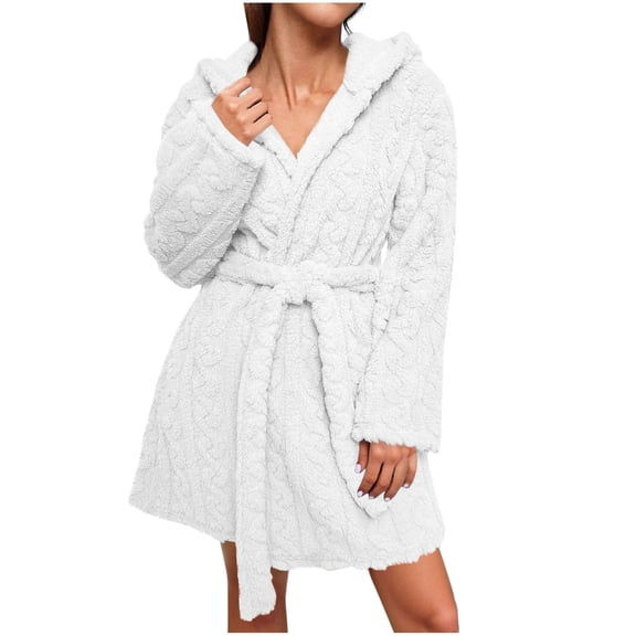 Puntoco Women's Embossed Textured Hooded Short Bathrobe, Wrap V Neck Self Tie Belt Oversized Fluffy Plush Mini Loungewear Sleep Robe with Side Pockets White XXL