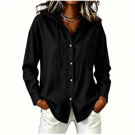 Puntoco Women's Hooded Button Down Shirt Jacket, Long Sleeve Pocket Loose Linen Look Sun Protection Beach Cover Up Cardigan Blouse Black M