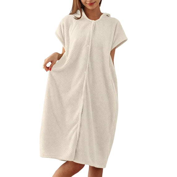 Puntoco Women's Hooded Short Sleeve Coral Fleece Bathrobe, Button Front Waffle Textured Loose Mid Length Absorbent Loungewear Sleep Robe Beige Free Size