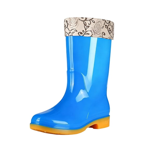 Puntoco Women's Knee High Waterproof Rain Boots, Thick Non-Slip Sole Mid Heel Tall Rubber rain boots, Tall Rain Boots for Outdoor Garden Blue 5.5