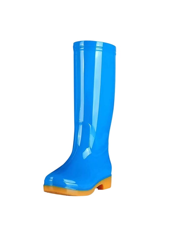 Women's Knee High Waterproof Rain Boots, Thick Non-Slip Sole Mid Heel Tall Rubber rain boots, Tall Rain Boots for Outdoor Garden Blue 6
