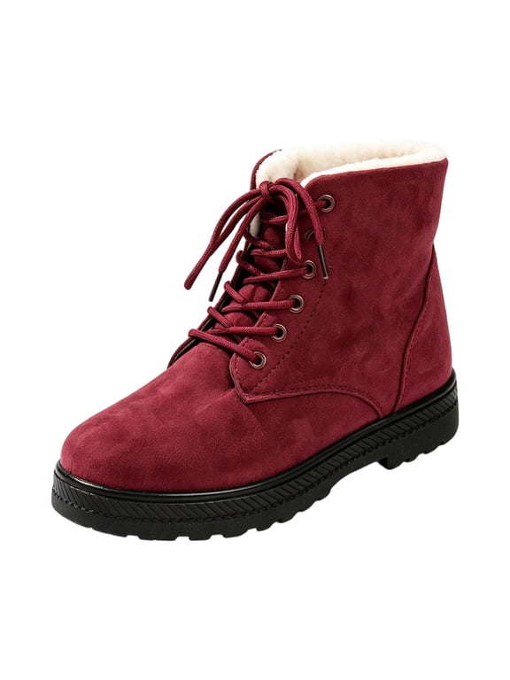 Women's Lace‑Up Winter Snow Boots, Lined Insulated Warm Ankle Booties, Non‑Slip Waterproof Outdoor Short Boots for Women Wine