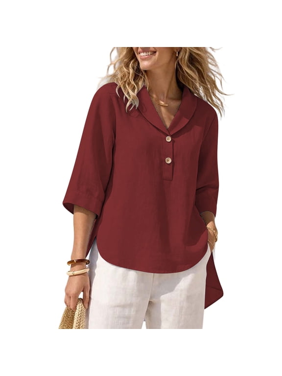 Women's Lapel V Neck Linen Look Tunic, 3/4 Sleeve High Low Side Split Loose Casual Cover Up Blouse