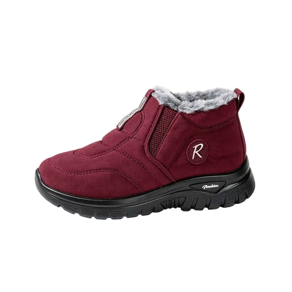 Puntoco Women’s Lined Winter Snow Ankle Boots, Round Toe Slip‑On No‑Lace Warm Booties, Non‑Slip Rugged Outsole Cold‑Weather Casual Outdoor Short Boots Wine