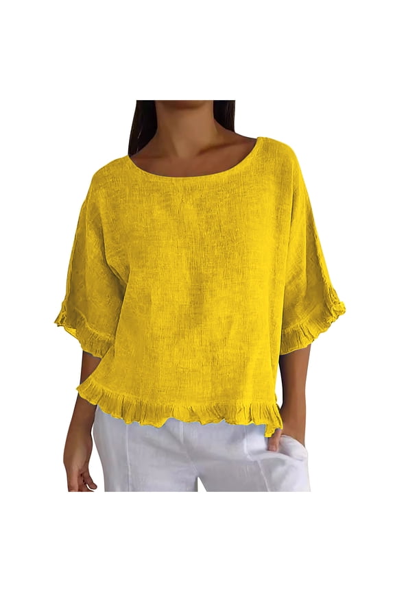 Women's Linen Blend Ruffle 3/4 Sleeve Top, Loose Solid Casual Summer Crew Neck Blouse