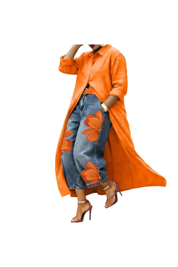 Women's Longline Linen Blend Shirt, Long Sleeve Open Front Maxi Cardigan Blouse Open Front Maxi Cardigan Blouse Orange S