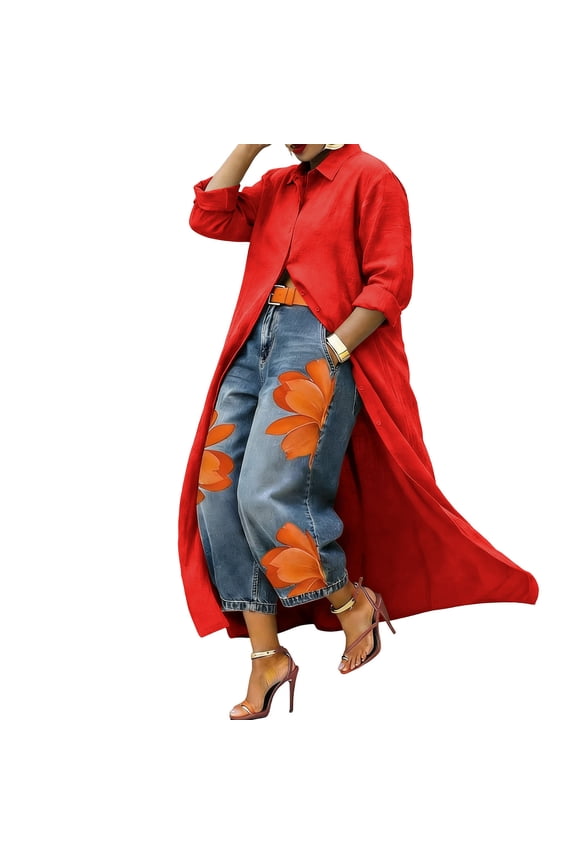 Women's Longline Linen Blend Shirt, Long Sleeve Open Front Maxi Cardigan Blouse Open Front Maxi Cardigan Blouse Red M