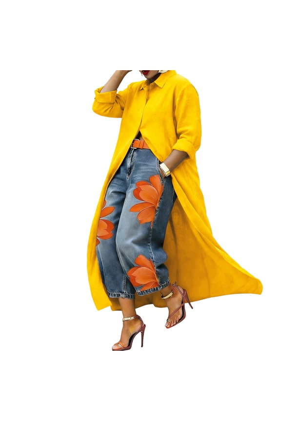 Women's Longline Linen Blend Shirt, Long Sleeve Open Front Maxi Cardigan Blouse Open Front Maxi Cardigan Blouse Yellow L