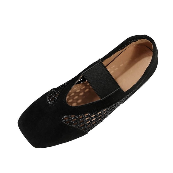 Puntoco Women s Mary Jane Flats Suede Breathable square toe suede mesh patchwork Slip-on Walking Shoes Black-L 6(38)