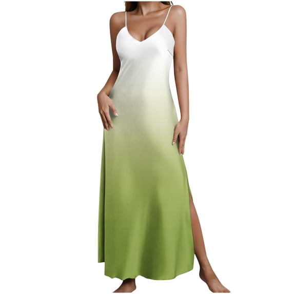Puntoco Women's Maxi Satin Silky Dress Long Slip dress Cowl Neck Nightgowns Elegant Tie Low Back gradient summer Dress Multicolor-G XL(XL)
