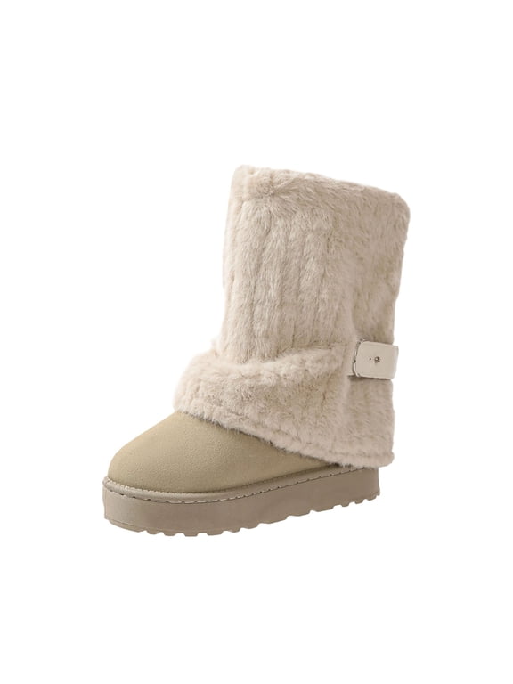 Women's Mid Calf Platform Snow Boots, Buckle Decor Thick Sole Warm Lined Winter Pull On Booties Beige 5
