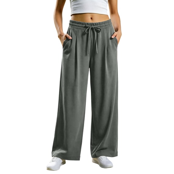 Puntoco Women’s Pleated Wide Leg Sweatpants, Drawstring Elastic Waist Side Pockets Loose Casual Pull-On Trousers Gray