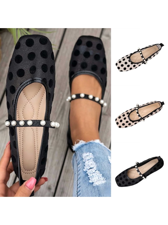 Women's Polka Dots Ballet Flats Bow Closed Toe Elegant Flat Shoes Spring Summer Flats