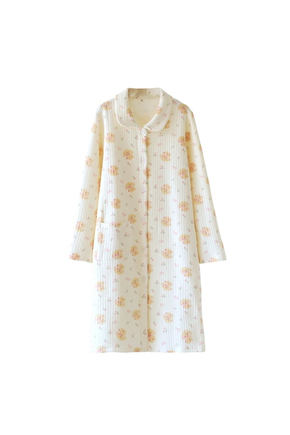 Women's Print Quilted Button Bathrobe, Long Sleeve Soft Lapel Sleep Robe with Pocket for Fall Winter Pink M