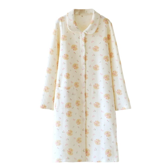 Puntoco Women's Print Quilted Button Bathrobe, Long Sleeve Soft Lapel Sleep Robe with Pocket for Fall Winter Pink XL