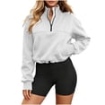 thumbnail image 1 of Puntoco Women's Quarter Zip Sweatshirt, Long Sleeve Fleece Lined Stand Collar Pullover, Casual Loose Fit Top with Pockets for Fall Winter White-Y XL, 1 of 8