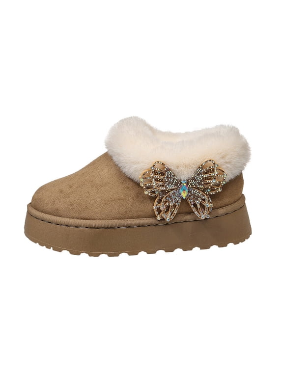Women’s Rhinestone Butterfly Platform Slipper Booties, Cuff Round Toe Slip‑On Thick Sole Warm Winter Snow Mules Khaki 5.5