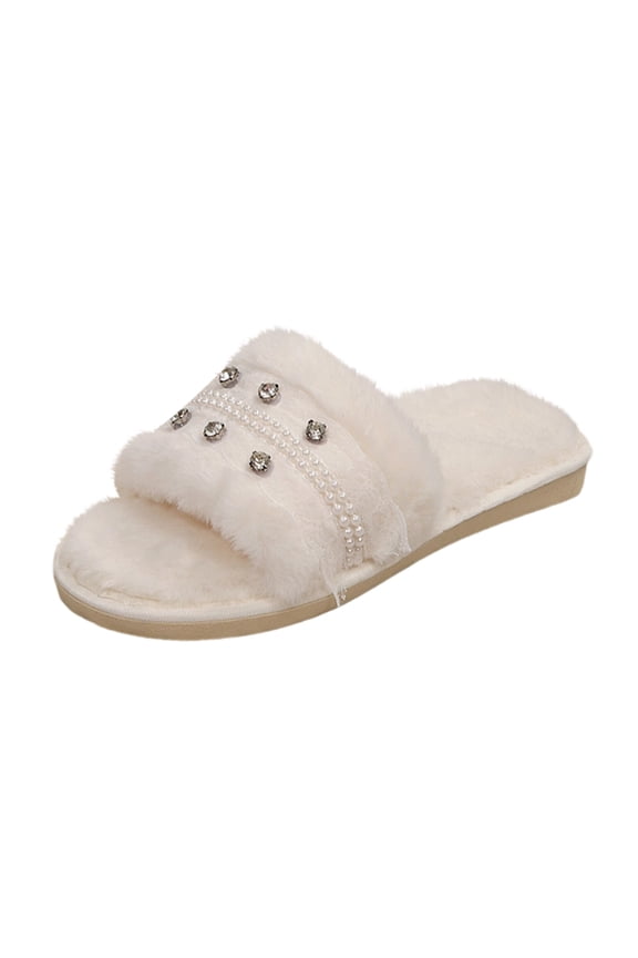 Women's Rhinestone Lace Shaggy Fluffy Plush Open Toe Slides, Single Strap Non Slip Warm Indoor Winter Slides Shoes