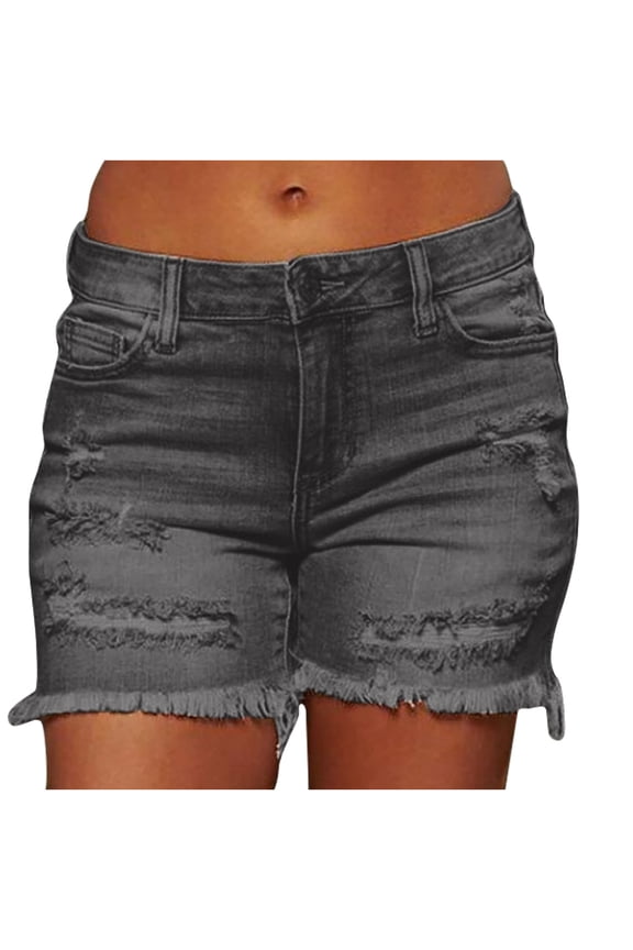 Women's Ripped Mid Waisted Denim Shorts with Pockets Solid Shorts Pokets Hole Zipper Fringe Jeans Pants