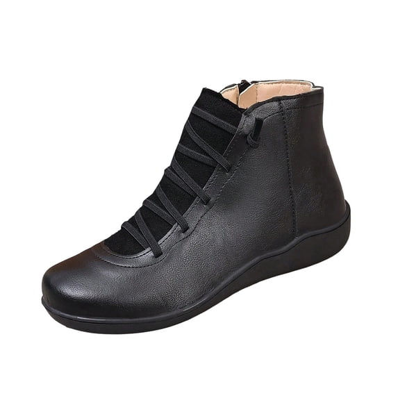 Puntoco Women's Round Toe Lace-Up Ankle Boots, Side Zipper Flat Thick Sole Casual Short Booties for Daily Black 5.5