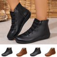 thumbnail image 1 of Puntoco Women's Round Toe Lace-Up Ankle Boots, Side Zipper Flat Thick Sole Casual Short Booties for Daily Brown 9, 1 of 9