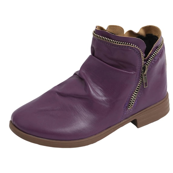Puntoco Women's Ruched Ankle Booties, Side Zipper Low Block Heel Boots, Round Toe Slip‑On Pleated Leather Casual Short Boots Purple