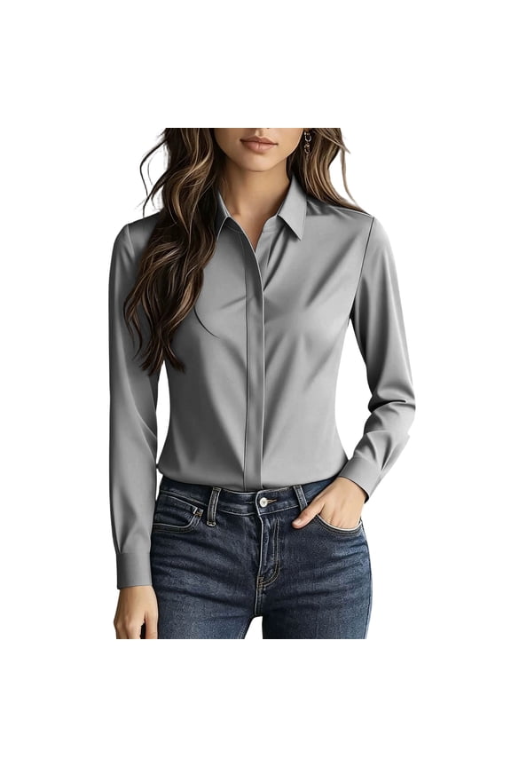 Women’s Satin Hidden Button Down Shirt, Point Collar Slim Fit Long Sleeve Elegant office Work Blouse Gray