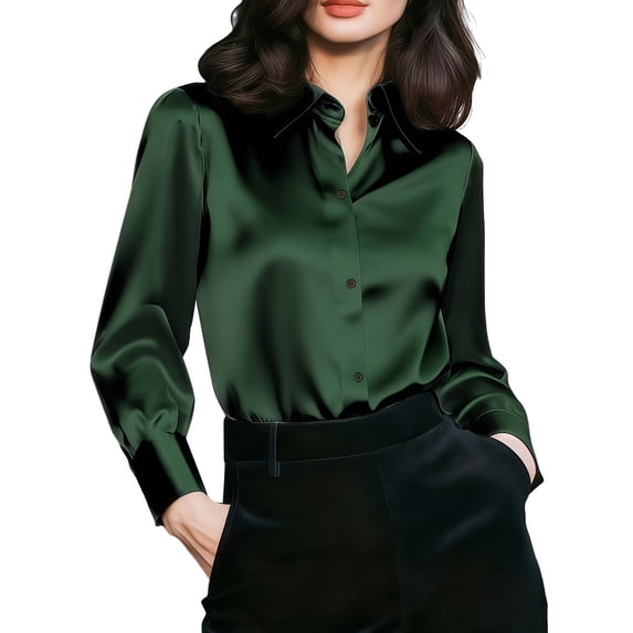 Puntoco Women's Satin Silk Button Down Blouse, Loose Fit Collared Long Sleeve Shirt, Elegant Solid Color Dressy Casual Work Top Green L
