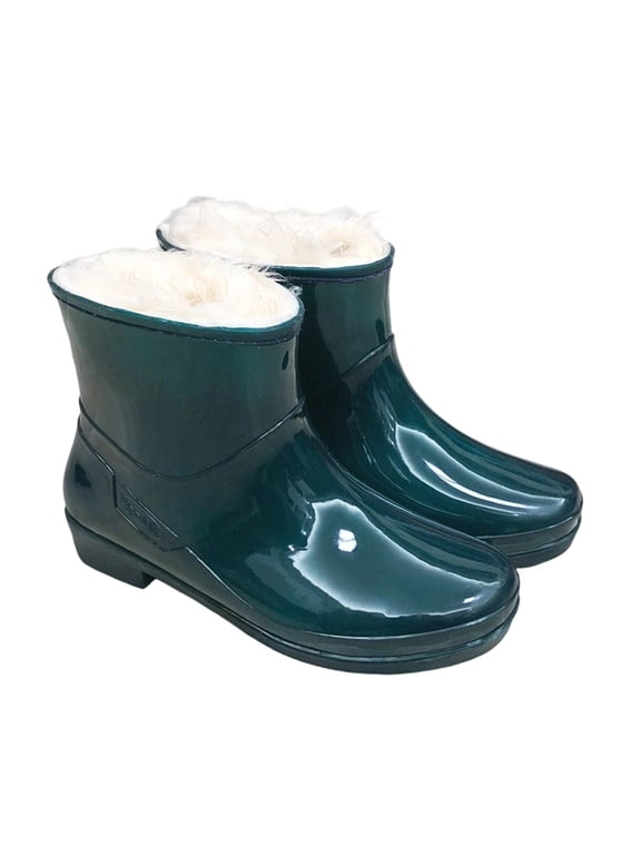 Women's Short Rain Boots Waterproof Slip On Ankle Chelsea Booties Lined Short Rain Boots with Plush Lining Green 7