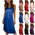 thumbnail image 1 of Puntoco Women's Silky Satin V Neck Midi Slip Nightgown, Adjustable Strap Loose Loungewear Dress, 1 of 5