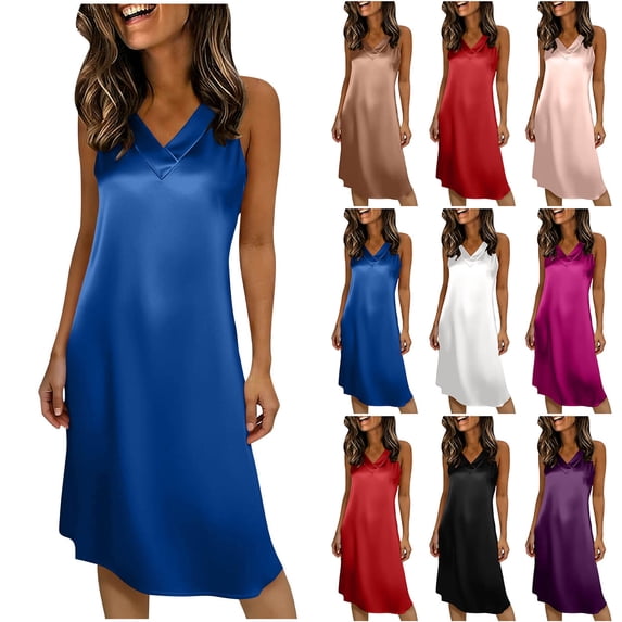 Puntoco Women's Silky Satin V Neck Midi Slip Nightgown, Adjustable Strap Loose Loungewear Dress