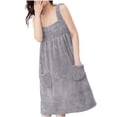 thumbnail image 1 of Puntoco Women's Sleeveless Coral Fleece Bath Dress, Square Neck Smocked Bust Loose Wrap Nightgown with Side Pockets, Absorbent Soft Loungewear Sleep Dress Gray Free Size, 1 of 6