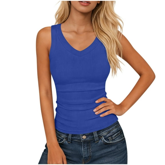Puntoco Women's Sleeveless Scoop Neck Ribbed Tank Tops Fitted Basic Cami Tee Shirts Blue-C M(M)
