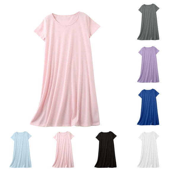 Puntoco Women's Solid Crew Neck Modal Midi Nightgown, Short Sleeve Loose Casual Loungewear Dress
