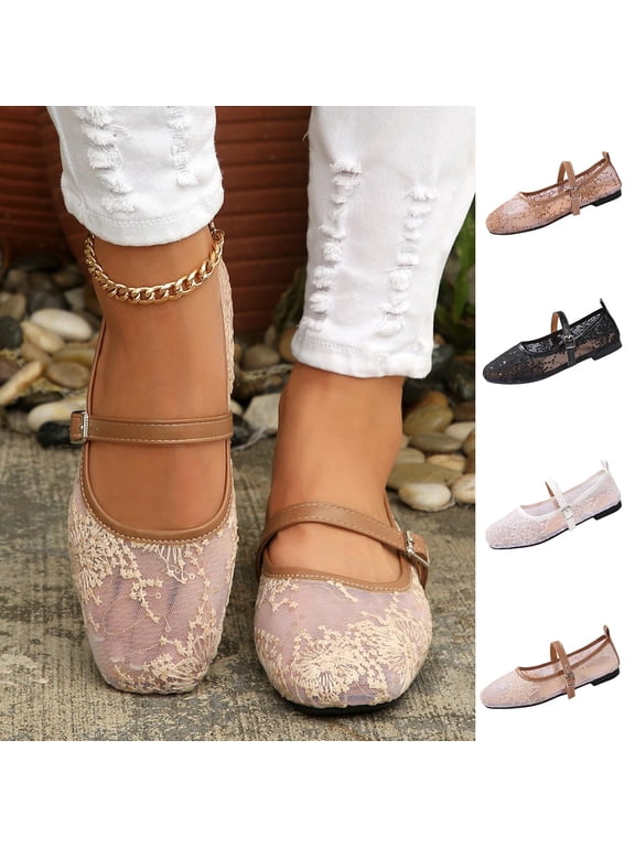 Women’s Square Toe Lace Mesh Flats, Adjustable Strap Slip‑On Ballet Flat Shoes, Retro Casual Comfortable Flats