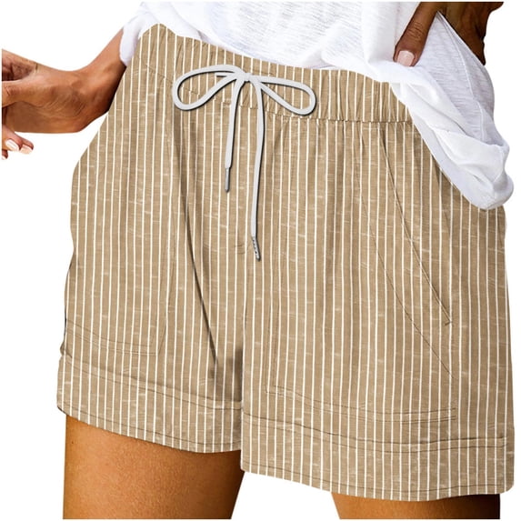 Puntoco Women's Striped Mini Shorts Bowknot Elastic Waist Wide Leg Summer Shorts with Pocket Khaki-A L(L)